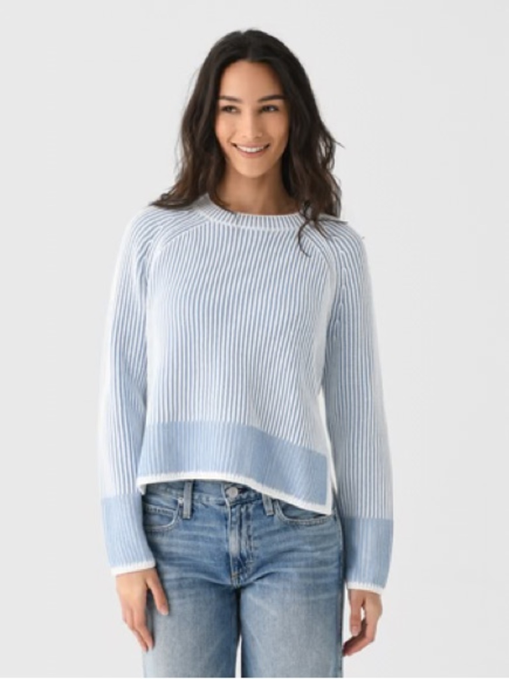 J. Society Light Blue Ribbed Crewneck Sweater with Contrast Hem